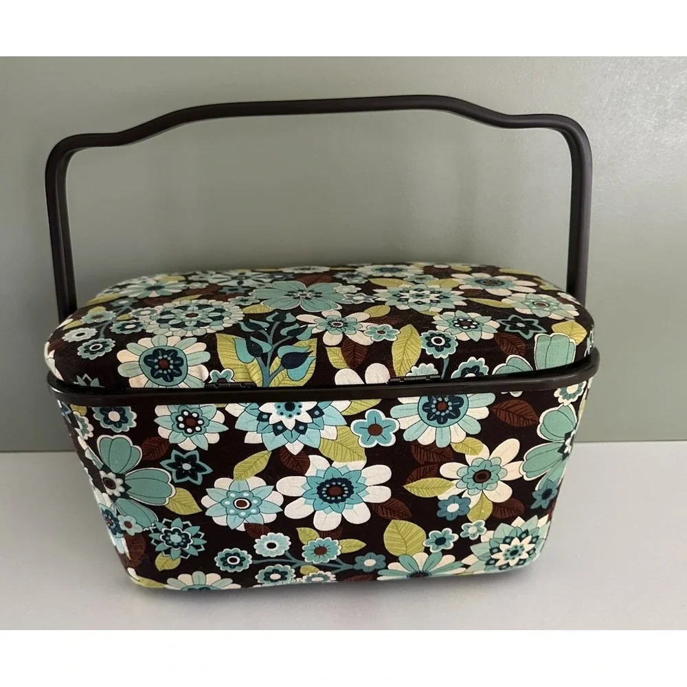Vintage Dritz Sewing Box Basket Blue & Brown Floral Fabric With Tray Latch Retro